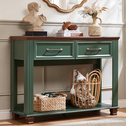 SAVOR LIFE Farmhouse 46" Console Table with 2 Drawers, Rustic Wood 2 Tier Entryway Table with Open Storage Shelf for Entry, Large Mid-Century Vintage Sofa Tables Behind Couch for Living Room, Green - color: Green