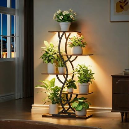 Plant Stand Indoor with Grow Lights - 5 Tiered Corner Plant Shelves (Brown) | 44" Tall Metal Plant Shelf, S-Shape Lighted Flower Holder Dispaly Rack for Living Room, Home, Patio, Balcony