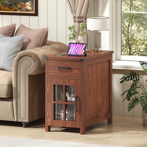 VVFLU Farmhouse End Table with Charging Station and 1 Storage Cabinet, 1 Drawer, Cherry Wood Nightstand Narrow, Skinny Side Table, Slim Bedside Table, Small Nightstand for Bedroom, Living Room, Sofa - color: Cherry/Glass