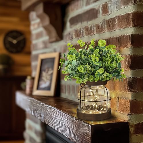 Farmhouse Rustic Glass Vases Primitive Country Lantern Coffee Dining Table Centerpiece Green Fake Artificial Eucalyptus Plants with Light Home Decor for Shelf Desk Counter Kitchen Bathroom - style: Rustic Decor