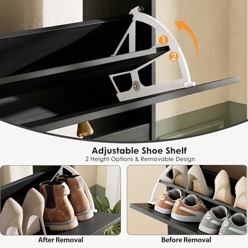 Nicetree Shoe Cabinet with 3 Flip Drawers, Narrow Shoe Organizer Cabinet, Freestanding Shoe Rack Cabinet, Modern Shoe Storage Cabinet for Entryway, Hallway, Foyer, Black with Hook - color: Black, style: 3-Drawers with Hook