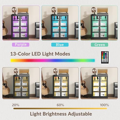 Metal Media Cabinet with 13-Color LED Lights, Stereo Cabinet with Glass Doors & Adjustable Shelves Audio AV Rack with Cable Management, Black - color: Black, style: FloorSeal + RGB Lights