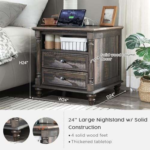 T4TREAM 24" Farmhouse Nightstands with 2 Drawers, Dark Rustic Oak | 4 Solid Wood Feet, Charging Station, Tall Rustic Wood Square, Sofa Side Table, Living Room, Bedroom - color: Dark Rustic Oak