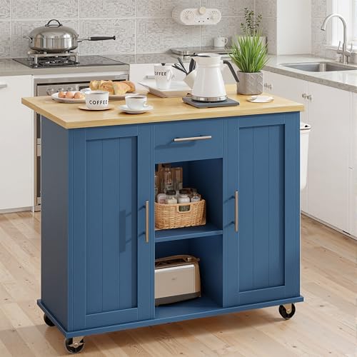 SUNLEI Rolling Kitchen Island Cart with Wheels, Island Table for Kitchen, Farmhouse Kitchen Cart with Drop Leaf & Towel Rack & Drawer, Kitchen Islands Table with Storage Cabinet, Blue - style: Blue
