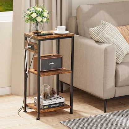 Side Table with Charging Station, Nightstand with USB Ports and Outlets, Tall Side Table with 3 Storage Shelves, Small Entry Table for Living Room, Bedroom, Sofa Couch, Hallway, Office, Rustic Brown - color: Rustic Brown, style: With Outlet