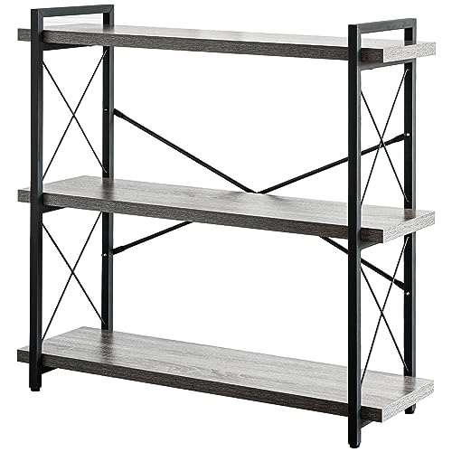 HCHQHS Bookshelf, 3-Tier Industrial Bookcase, Rustic Open Book Shelf, Freestanding Horizontal Bookshelves with Metal Frame - color: Grey, size: 3-Tier (35.8"W x 35.8"H)