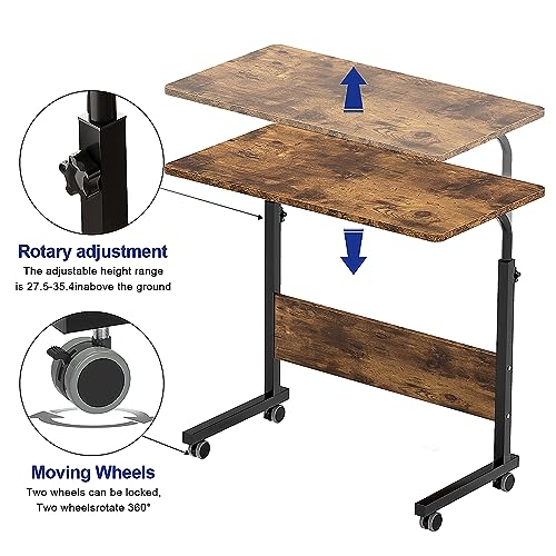 Side Table, 31.5in Adjustable Laptop Stand Portable Cart Tray Bedside Computer Table, Sofa Side Bed Table with Wheels, Rustic Brown - color: Rustic Brown, size: 31.5 inches