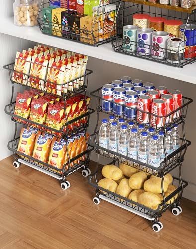 OKZEST 3-Tier Rolling Pantry Floor Organizer and Storage Cart with Wheels, Stackable Wire Pantry Baskets for Pantry Shelves, Kitchen Fruit Basket Stand and Storage Rack for Fruit Snack Onion Potato - color: Black, size: 3-Tier Baskets