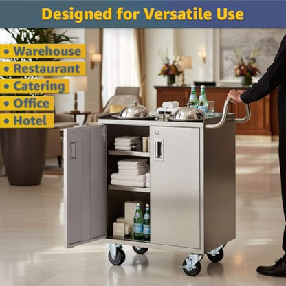 16" x 24" Stainless Steel Utility Cart with Enclosed Base and Locking Doors - 3 Shelf Heavy-Duty 18-Gauge 304 Steel Rolling Cabinet - NSF Commercial Service Cart for Kitchen, Catering, Restaurant - size: 3 Shelf