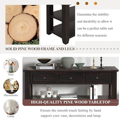 LKTART 48.8" Solid Wood Console Table for Entryway;Sofa Table with Storage | Distressed Black Real Wood Farmhouse Console Table with Drawers;Entry Way Table for Living Room,Foyer,Hallway;Easy Assembled - color: Black Espresso