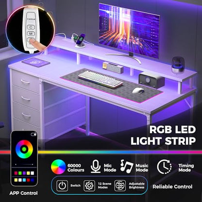 DUMOS 40-Inch Gaming Desk with Power Outlets and LED Lights, White | Computer Desk with 4 Storage Drawers, Home Office Desk with Monitor Stand, Small Desk for Bedroom Study