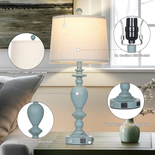 Cinkeda 27.5" Coastal Table Lamp for Living Room Set of 2,Retro Blue Bedside Nightstand Lamps with USB C+A Ports & AC Outlet,3-Way Dimmable Touch Control Desk Lamp for Bedroom - color: Blue
