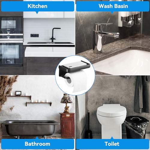 Toilet Paper Holder with Phone Shelf, Adhesive or Screw Wall Mount Toilet Tissue Roll Holder-Black - color: Black