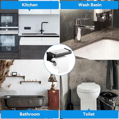 Toilet Paper Holder with Phone Shelf, Adhesive or Screw Wall Mount Toilet Tissue Roll Holder-Black - color: Black