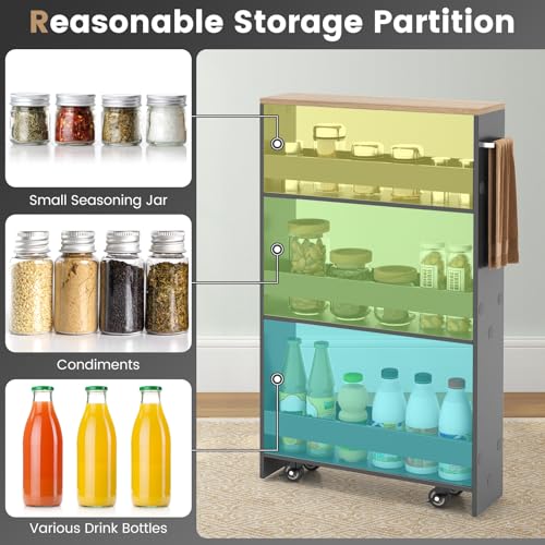 4-Tier Slim Rolling Storage Cart, Wooden Kitchen Utility Cart with Wheels & Handle, Space Saving Trolley, Slide Out Shelving Unit for Narrow Spaces, Laundry, Bathroom (Grey + Natural) - color: Grey + Natural