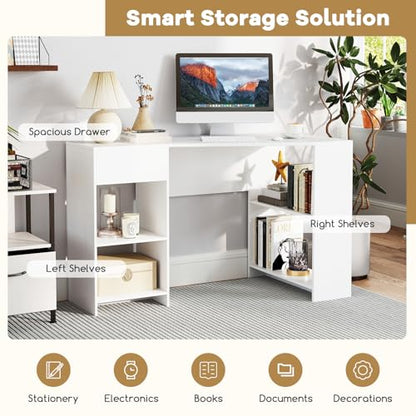 Giantex White Desk with Drawer, 48 Inch Corner Desk with Storage Shelves, Laptop PC Table for Workstation, Vanity Table for Bedroom, Modern Wood Executive Study Writing Table for Small Space