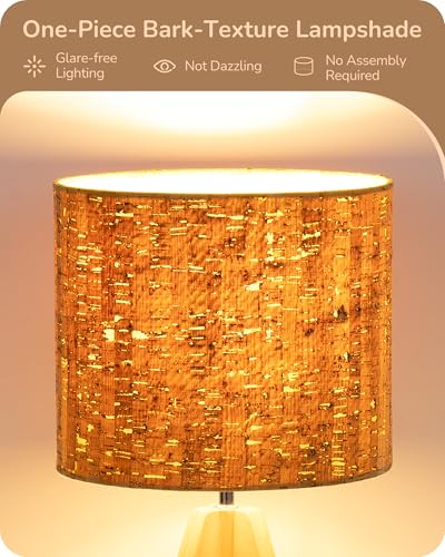 EDISHINE Small Table Lamp, Wooden Tripod Nightstand Lamp with Bark Linen Shade, Farmhouse Bedside Lamp for Nursery, Bedroom, Kids Room, Office, Reading Desk, 14.2 Inch, E26 Socket, ON/Off Switch - color: Natural Wood&Bark-textured Shade
