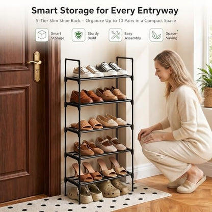 PureBox Shoe Rack, 5-Tier Shoe Storage Organizer – Holds 9-12 Pairs of Shoes, Tool-Free Assembly, Steel Frame, Space-Saving for Entryway, Closet，Living Room, Balcony, Black (17.1" x 10.2" x 36.8")