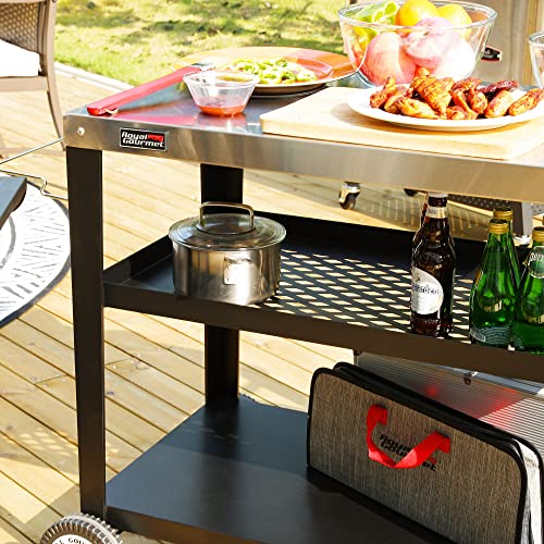 Royal Gourmet PC3404S Rolling Dining Table with Trash Bag Holder, Outdoor Garden Patio BBQ Kitchen Food Prep Table Cart, 34"L x 20"W Stainless Steel Tabletop, Silver & Black | 34"L x20"W Stainless Steel Tabletop | with Removable Trash Bag Holder | Outdoor