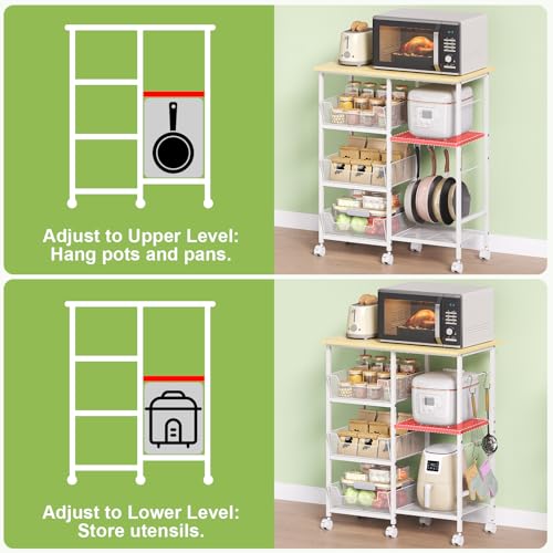 Rolling Kitchen Microwave Organizer Cart, Adjustable Shelves, White | Kitchen Island Storage Cart & Microwave Stand with Tilt-Out Baskets & Lockable Wheels, 27.75"L×15.35"W×32.9"H - color: White