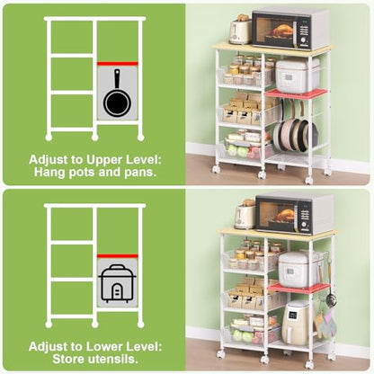 Rolling Kitchen Microwave Organizer Cart, Adjustable Shelves, White | Kitchen Island Storage Cart & Microwave Stand with Tilt-Out Baskets & Lockable Wheels, 27.75"L×15.35"W×32.9"H - color: White