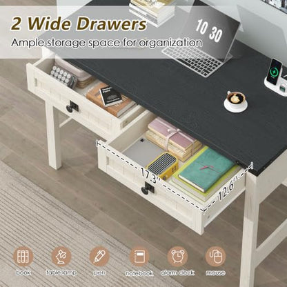 39 Inch Farmhouse Small Computer Desk with Drawers for Bedroom, Home Office | Small Office Computer Desk with 2 Drawers & Power Outlets, Compact Writing Study Desk for Small Spaces, Black & White - color: Black and White