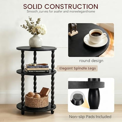 Small Round Side Table, 3-Tier Solid Wood End Table with Storage Shelf, Modern Bedside Tables Night Stand for Living Room, Bedroom, College Dorm, Small Space (Black) - color: Black