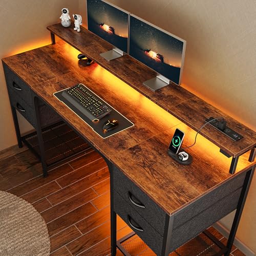 Huuger 63 inch Computer Desk with 4 Drawers, Gaming Desk with LED Lights & Power Outlets, Home Office Desk with Large Storage Space for Bedroom, Work from Home, Rustic Brown - color: Rustic Brown, size: 63 Inch