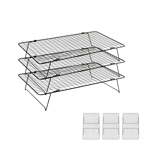 Cooling Rack 16"x10", 3-Tier Stackable & Collapsible Cooling Racks | Cooling Racks for Cooking and Baking, Roasting, Grilling, Oven & Dishwasher Safe (Black, 3-Tier) - color: Black, size: 3-Tier