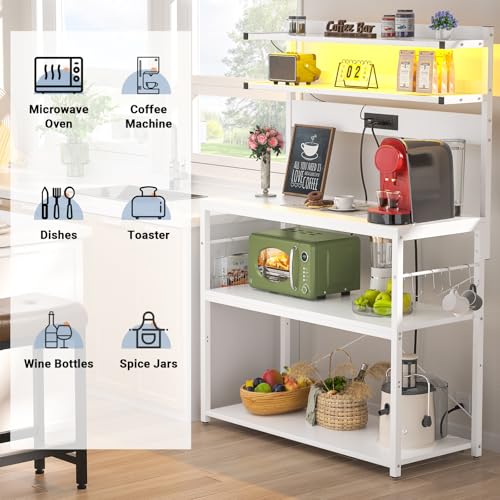Aheaplus Bakers Rack with Power Outlet, Microwave Stand, 5 Tiers Coffee Bar Station with Led Lights, Kitchen Storage Shelf with 6 S-shaped Hooks, Kitchen Rack Coffee Bar Stand, White - color: White, size: 31.5 inch