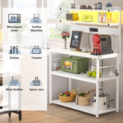 Aheaplus Bakers Rack with Power Outlet, Microwave Stand, 5 Tiers Coffee Bar Station with Led Lights, Kitchen Storage Shelf with 6 S-shaped Hooks, Kitchen Rack Coffee Bar Stand, White - color: White, size: 31.5 inch