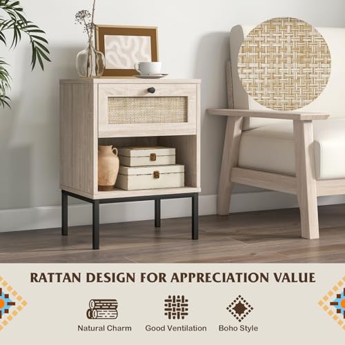 Giantex Rattan Nightstand with Drawer, Boho Side Table with 4 Metal Legs and Open Storage Shelf, Farmhouse Wood Night Stand for Small Spaces, 2 Tier Bedside Table for Bedroom Office, Oak - color: Oak