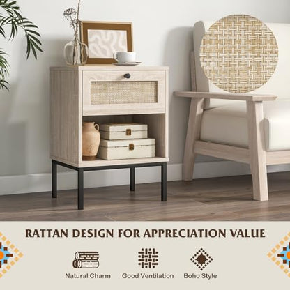 Giantex Rattan Nightstand with Drawer, Boho Side Table with 4 Metal Legs and Open Storage Shelf, Farmhouse Wood Night Stand for Small Spaces, 2 Tier Bedside Table for Bedroom Office, Oak - color: Oak
