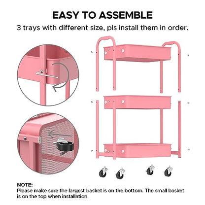 MAX Houser 3-Tier Rolling Utility Cart with Caster Wheels,Easy Assembly, for Kitchen, Bathroom (Pink) - color: Pink, size: 3-Tier Standard Cart