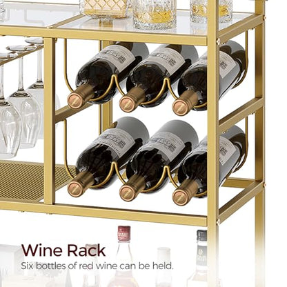 MAHANCRIS Bar Cart for Home, 3-Tier Serving Cart with Wheels and Handle, Beverage Cart with Wine Rack and Glass Holders, Rolling Wine Cart for Kitchen, Dining Room, Gold RCJ61B01 - size: 24.8''L x 11''W x 32''H