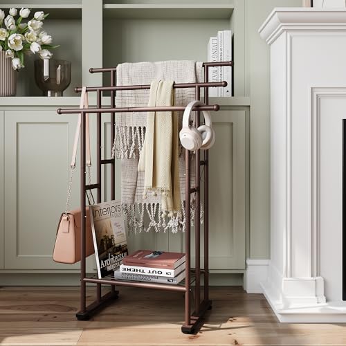 ELYKEN 3 Tier Standing Towel Rack, 40'' Tall Towel Drying Rack Outdoor, Freestanding Floor Towel Rack with Shelf, Pool Towel Blanket Stand, Metal Towel Racks for Bathroom freestanding, Bronze - color: Bronze