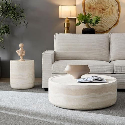 31.49'' Round Coffee Table for Living Room Drum Coffee Table Modern Faux Travertine Stone Coffee Table for Apartment, No Need Assembly (Fiberglass Marble Pattern) - color: Faux Stone-round-31.49inch-travertine-coffee