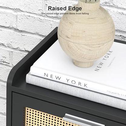 LAATOOREE Nightstand Set of 2, Small Black Bedside Table, End Table with Rattan Door, Boho Side Table with Solid Wood Legs for Bedroom Living Room Small Space - color: Black, style: Boho Style