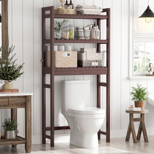 Homykic Over The Toilet Storage, Bamboo 3-Tier Over-The-Toilet Space Saver Organizer Rack, Stable Freestanding Above Toilet Stand with 3 Hooks for Bathroom, Restroom, Laundry, Espresso - color: Espresso