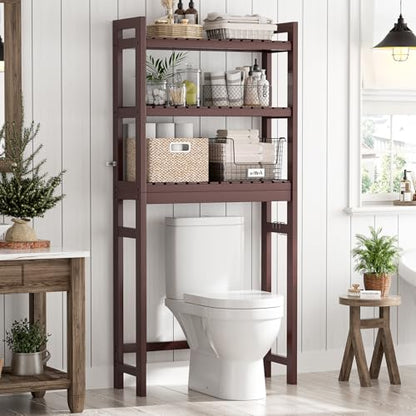 Homykic Over The Toilet Storage, Bamboo 3-Tier Over-The-Toilet Space Saver Organizer Rack, Stable Freestanding Above Toilet Stand with 3 Hooks for Bathroom, Restroom, Laundry, Espresso - color: Espresso