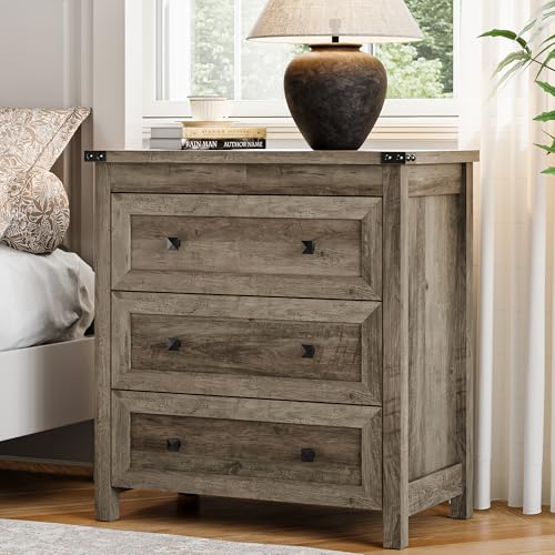 Xixini Farmhouse Nightstand with 3 Storage Drawers, 27.55" Wide Wood Bedside Table, Modern Side Table with Metal Handle, End Table for Bedroom, Grey - color: Grey
