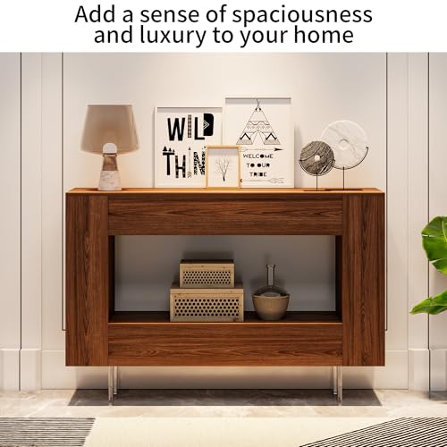 47" Console Table with Hidden Storage, Adjustable Shelves, Brown Wood Grain | Farmhouse sofa table for behind couch, living room, or hallway, entryway table with concealed cabinets & adjustable shelves - color: L-brown