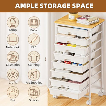 8 Drawer Rolling Storage Cart with Wooden Tabletop & Lockable Wheels | Utility, Movable Craft Storage Organizer, for Living Room Bedroom, Classroom, Office, White
