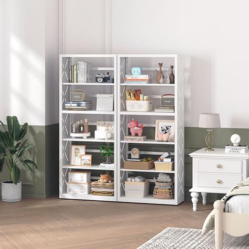Polup Bookshelf, 5 Tier Metal Bookcase with Adjustable Shelves, Tall White Book Shelf with Bookends, White Display Shelves for Living Room, Home Office, Library - color: White, size: 5 Tier-23" W