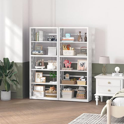 Polup Bookshelf, 5 Tier Metal Bookcase with Adjustable Shelves, Tall White Book Shelf with Bookends, White Display Shelves for Living Room, Home Office, Library - color: White, size: 5 Tier-23" W