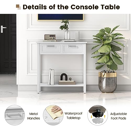 GOFLAME Console Table with 2 Drawers, 31” Entry Table with Storage Shelf, Modern, Narrow Sofa Table for Living Room, Hallway, Entrance (White)