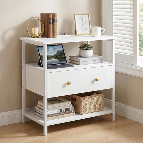 Edbuosy 27 Inch Wide Night Stand with Charging Station, Wood Nightstand with Open Shelf, Large Drawer Bedside Table for Living Room/Bedroom/Office, White - color: White, size: 27"W-1 Drawer