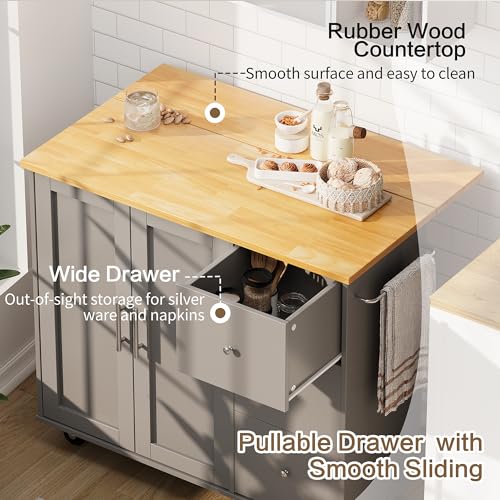 SUNLEI Kitchen Island on Wheels with Storage Cabinet & Foldable Drop Leaf, Rolling Kitchen Table, Cart Handle for Towel Rack, Drop Leaf, Portable Islands for Kitchen (Cement Gray, 39.7-INCH) - size: 39.7 INCH, style: Grey