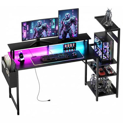 Apicizon 54 Inch Gaming Desk with LED Setup Style, Large Computer Desk with Storage Shelves & Dual Monitor Stand, Reversible Workstation for Small Space, Home Office Desk with Side Pocket - size: 54inch