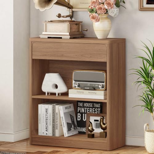 FATORRI Wood Bookshelf with Drawer, Rustic Farmhouse Bookcase, 3-Tier Storage Book Shelf with Rounded Corners, Open Display Bookcase for Living Room, Home Office, Bedroom (Walnut) - color: Walnut, size: With Drawer